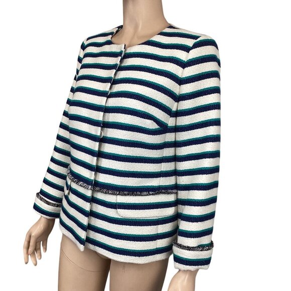 Talbots Striped Fringe Trim Jacket Size 6 Long Sleeve Blue & White Coat - Picture 4 of 7